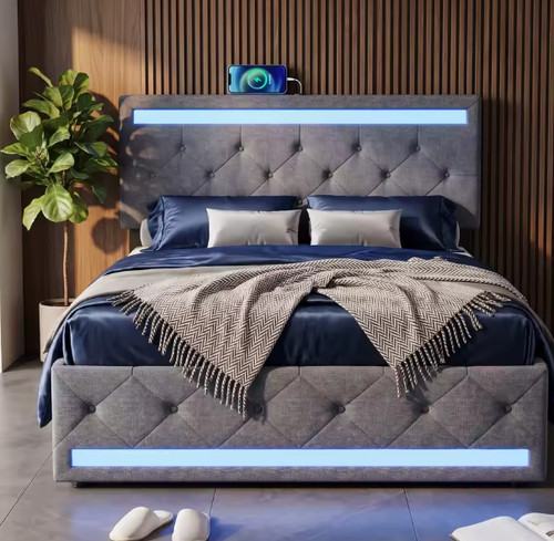 Dark linen upholstered - , bed